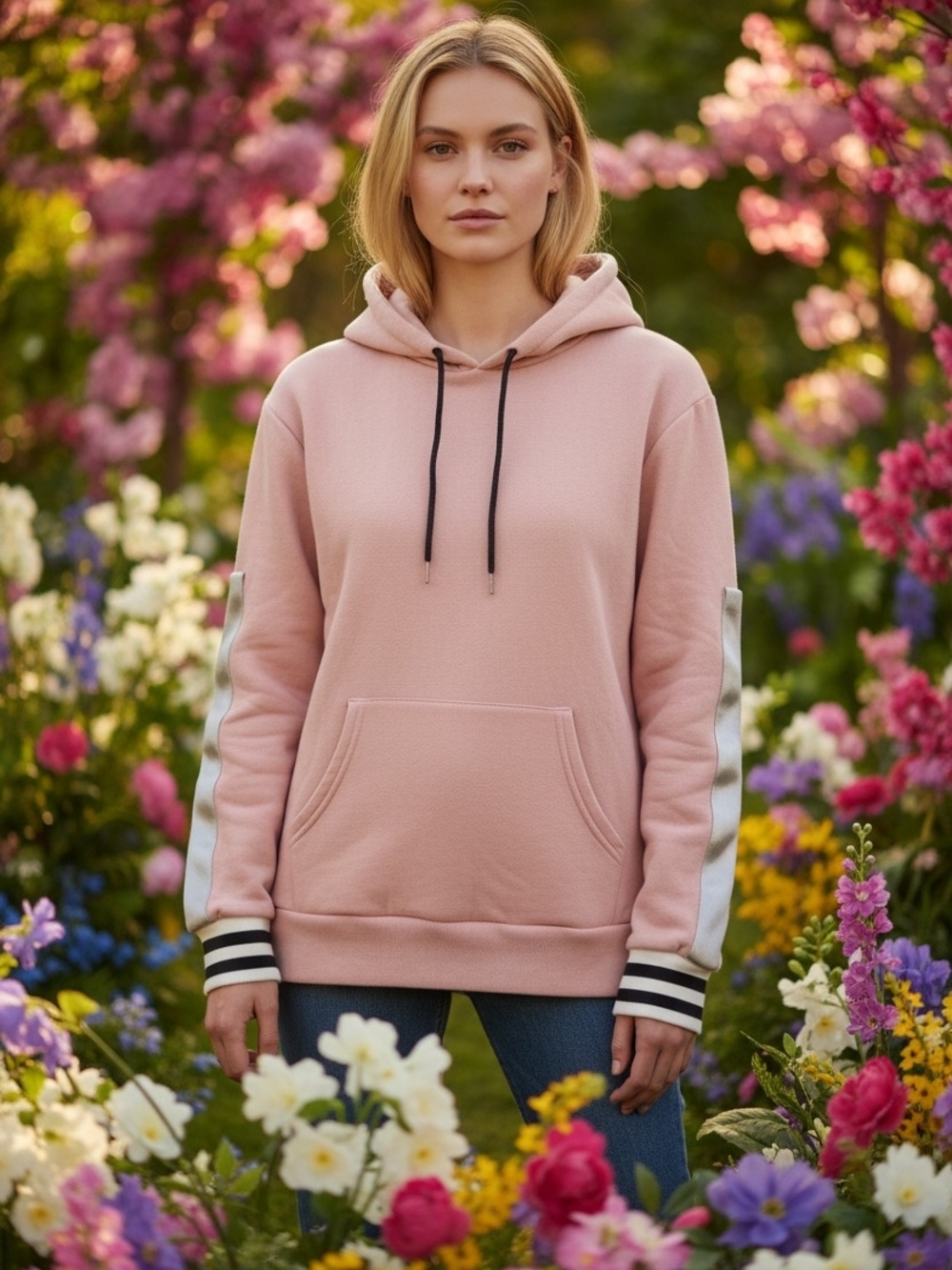 Relaxed Pink Hooded Sweatshirt with Contrasting Sleeve Stripes